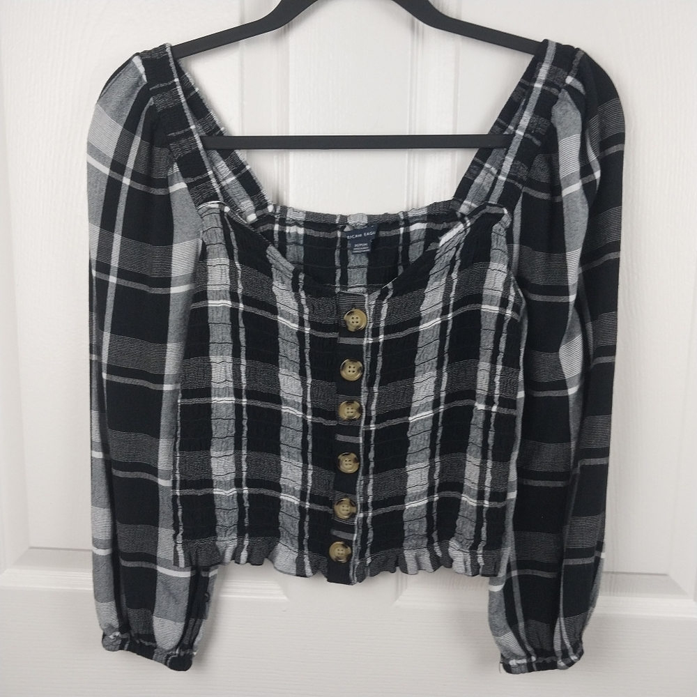 American Eagle Women's Medium Black Plaid Button Front Puffed Sleeve Blouse Top